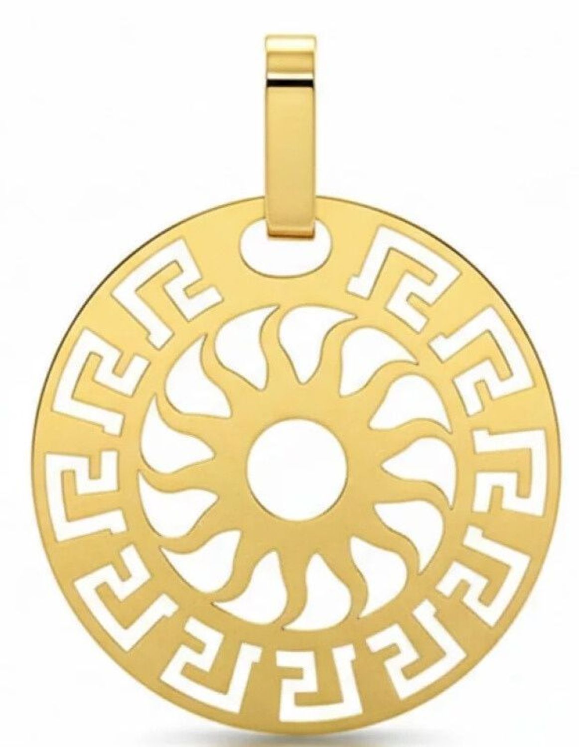 Modna złota zawieszka damska próby 585 z ażurowym greckim wzorem. Okrągły wisiorek bez kamieni, idealny na prezent i do noszenia na łańcuszku.1.jpg